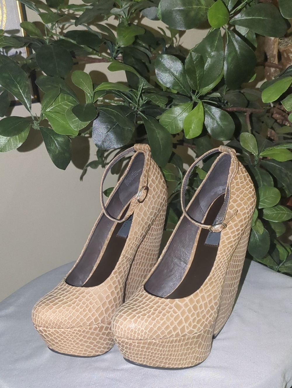 MIA Beige Faux-Croc Platform Pumps with Ankle Strap
